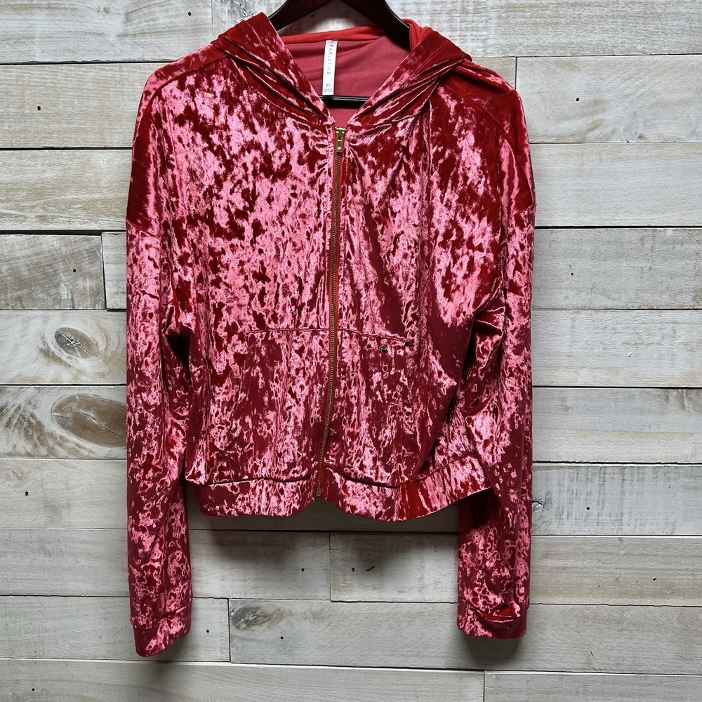 Fabletics Jacket Womens‎ XL Red Strawberry Crushed Velour Zip Up Hoodie